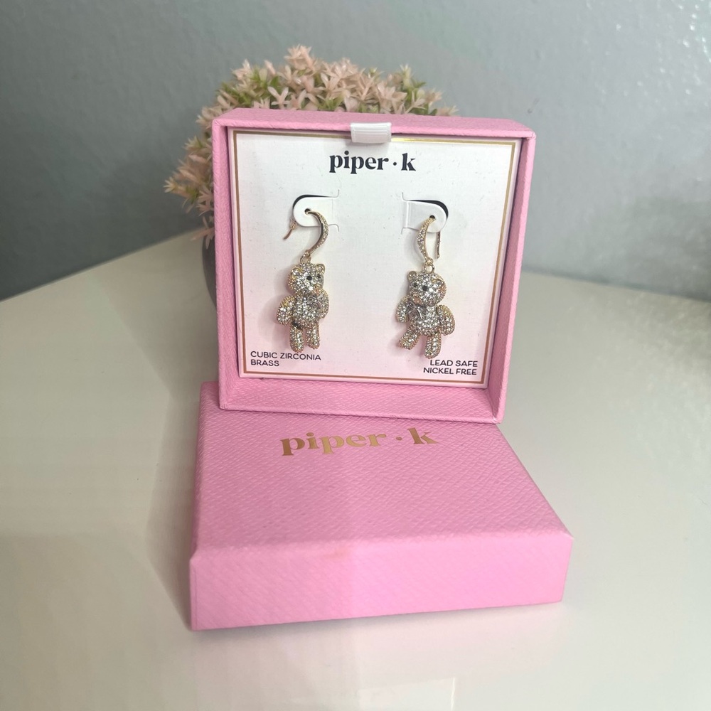 Piper K. Gold Tone Crystal Teddy Bear Drop Earrings